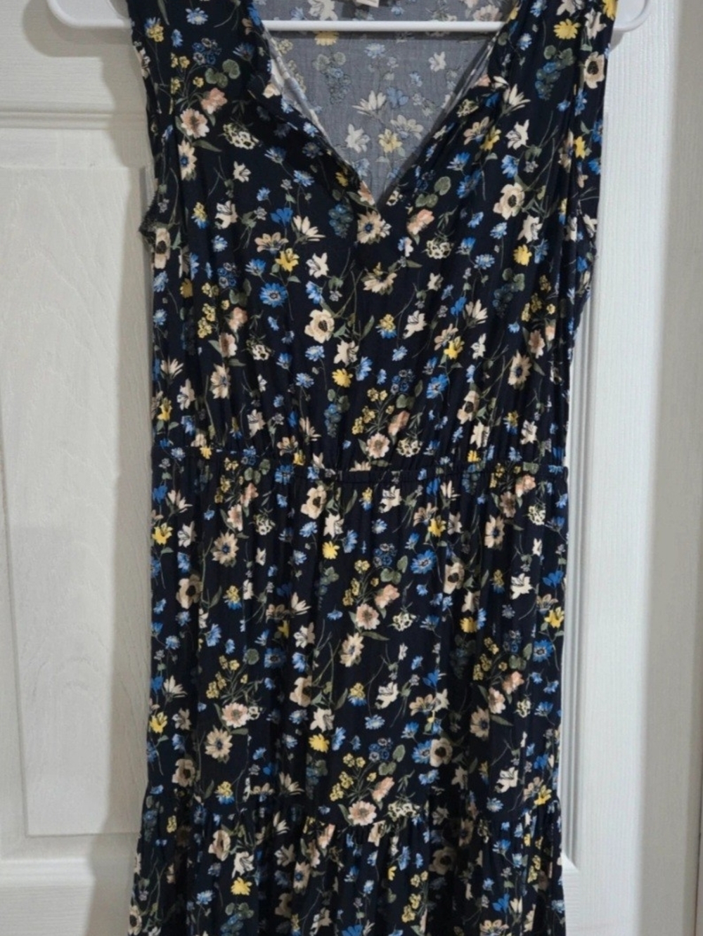 LOFT Black Floral V-Neck Midi Dress with Blue & Cream Flowers